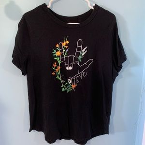 Black Shirt, Hand Sign and Flower Print XL